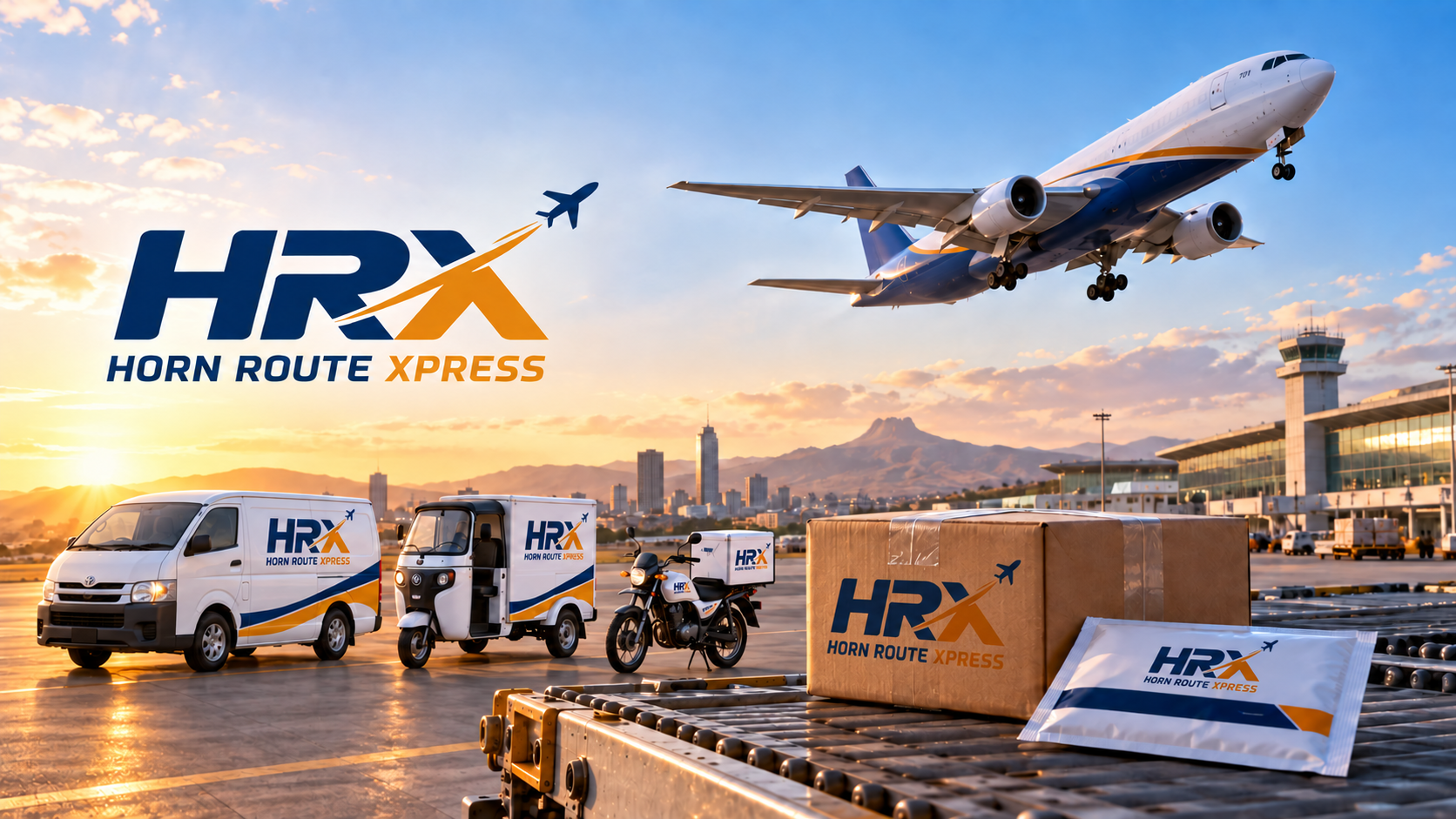 Horn Route Xpress HRX delivery van, Bajaj, motorcycle, airplane, branded package and envelope